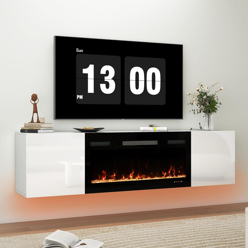 Meuble télé 80 po avec foyer électrique de 40 po, console murale à DEL avec rangement, blanc, White