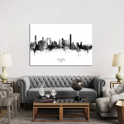 Suzhou China Skyline Name Bw by Michael Tompsett - Wrapped Canvas Print