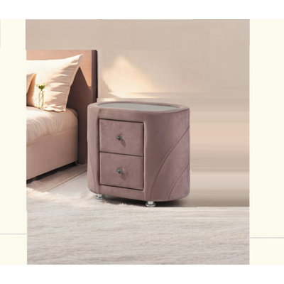 1pièce table de chevet en velours rose rembourrée avec deux tiroirs et pieds en métal chromé