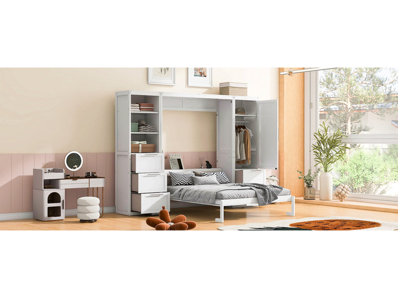 Lit escamotable Murphy avec placard et tiroirs, Blanc