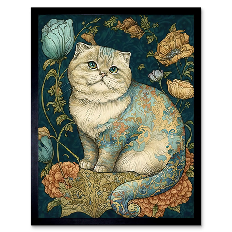 William Morris Inspired Cute Cat With Floral Pattern Fur And Flowers Colourful Modern - Single Picture Frame Print