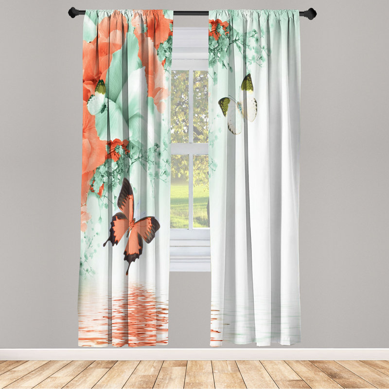 Microfiber Floral Semi-Sheer Rod Pocket Curtain Panels, Neon Orange/Mint, 28" W x 95" L