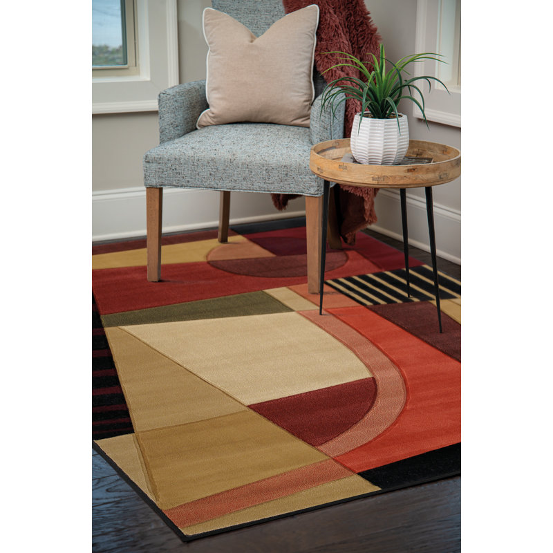 Tapis abstrait rouge / noir / beige noué à la main Carletta, Tapis de passage : 2 pi 7 po x 7 pi 4 po