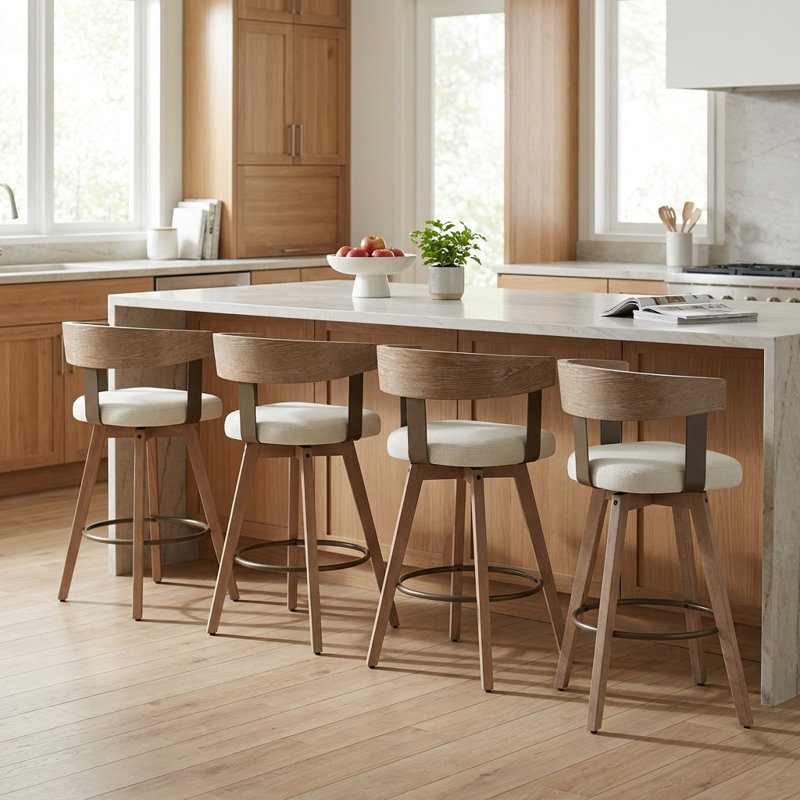 26" Modern Swivel Counter Height Bar Stool with Performance Fabric Upholstery, Curved Wood Back & White-Washed Wood Legs, Ivory – Janice by Pipp & Liv (Single)