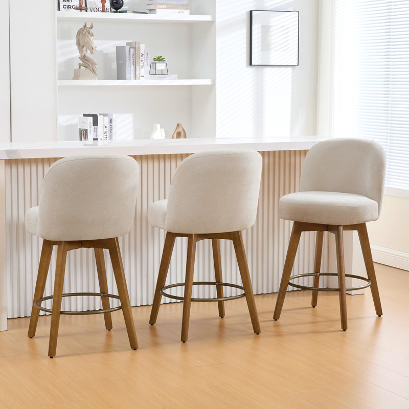 Tabouret de comptoir pivotant 26 po 3PCS avec structure en bois massif et dossier moyen, 3, Beige / chenille