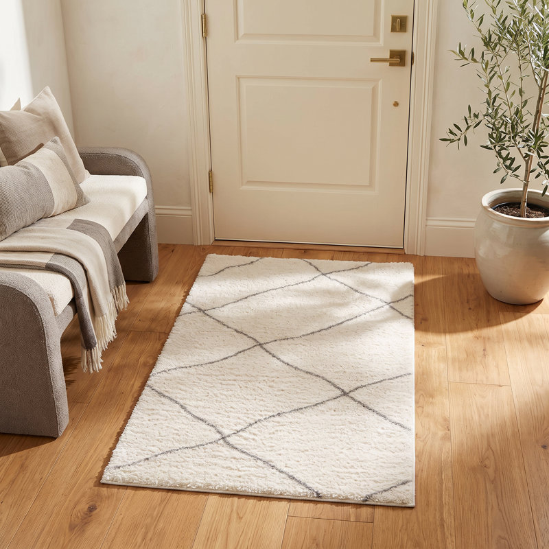 Tapis d'entrée blanc / gris à motif de treillis 3 pi x 5 pi (2 pi 8 po x 4 pi 11 po) Linea de Branch Branch