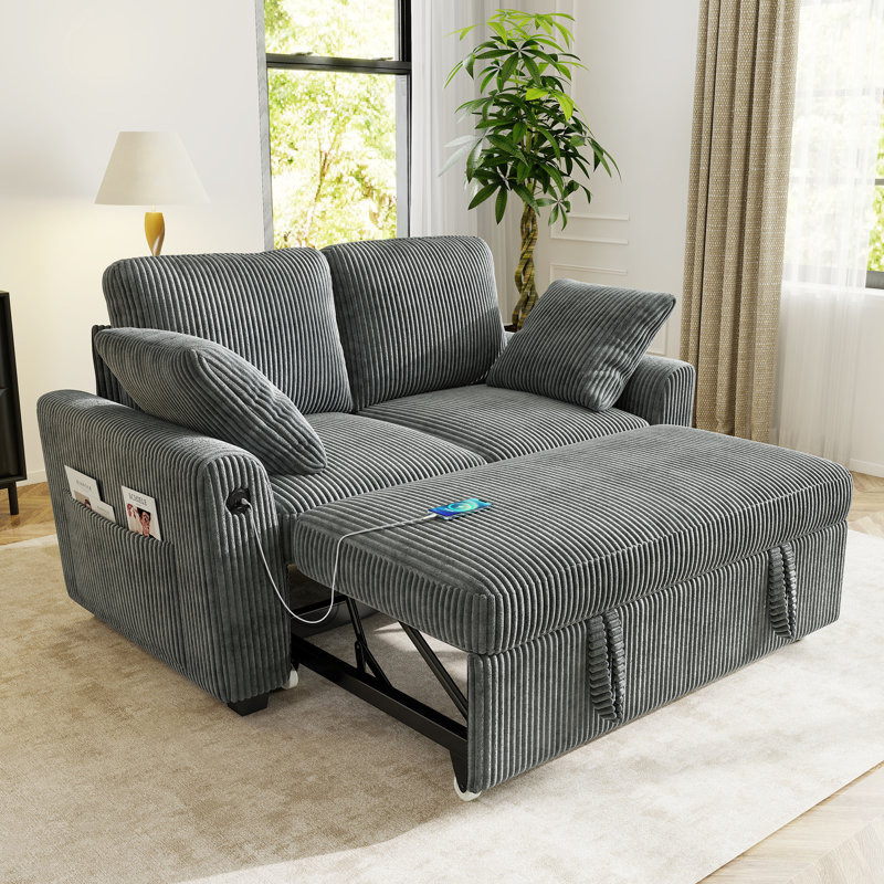 George 59" Upholstered Corduroy Sleeper Sofa with Pull Out Bed and USB Charging, Grey