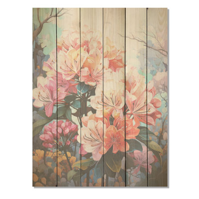 Mystical Rhododendron Symphony Whispers - Art sur bois de rhododendron sur bois de pin naturel