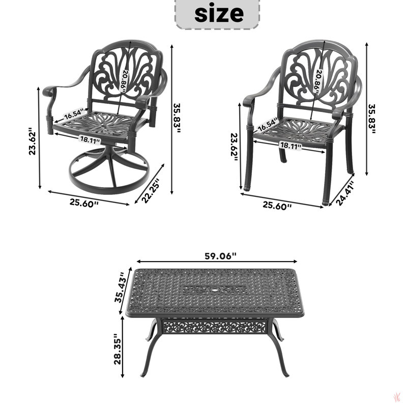 All-Weather Cast Aluminum Dining Set, Include 2 Swivel Chairs,4 Dining Chairs And Rectangular Table With Black Frame