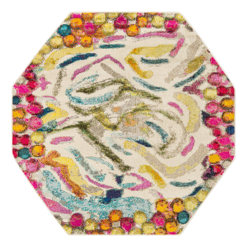 Octagon Abstract Beige/Pink/Yellow Area Rug, Octagon 5'3" x 5'3"