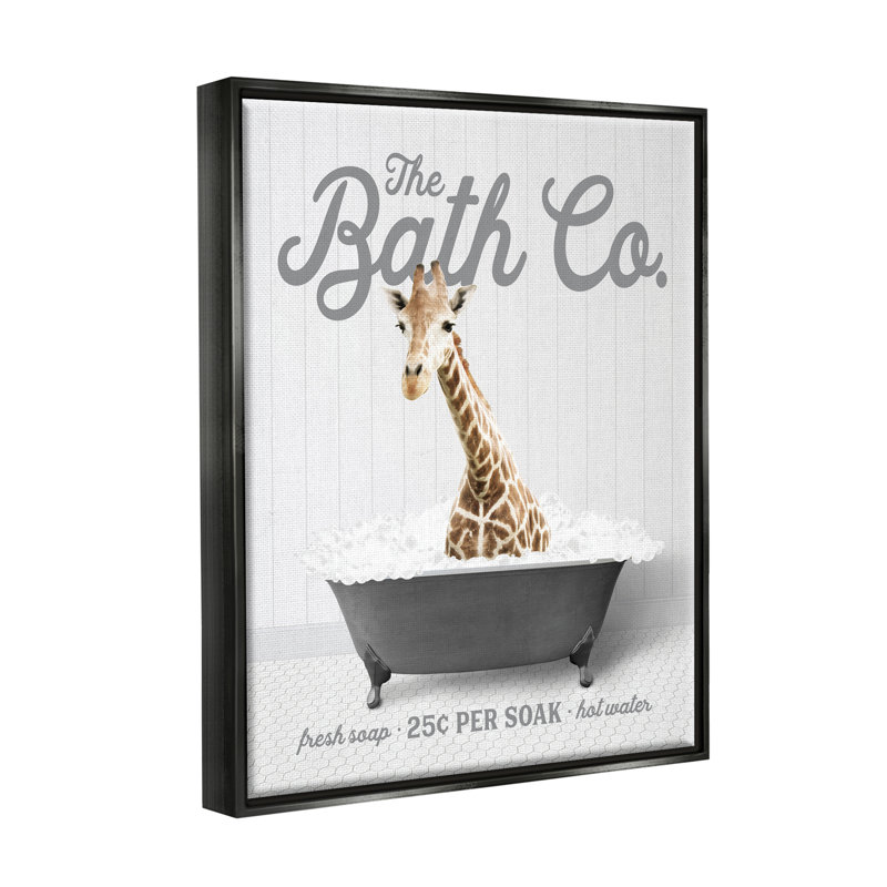 Girafe dans un bain à bulles, art mural sur toile flottante par lettré et doublé, Cadre flottant noir de jais