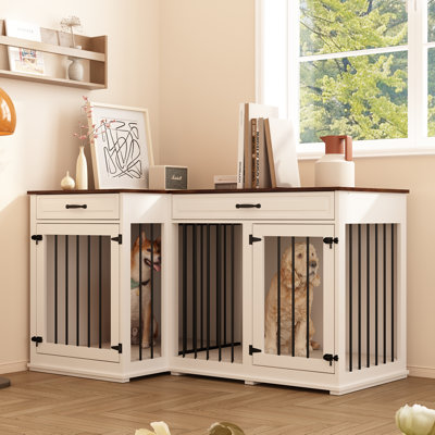 Large Corner Dog Crate Furniture For 2 Dogs With 2 Drawers