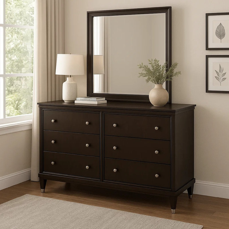 Commode large Amber avec miroir, 6 tiroirs, bois brun, boutons argentés