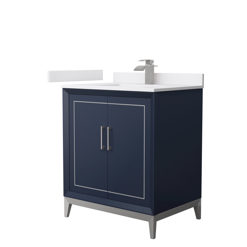 Ensemble de meuble-lavabo simple 30 po Marlena, Marbre de culture blanc, Bleu très foncé, Nickel brossé