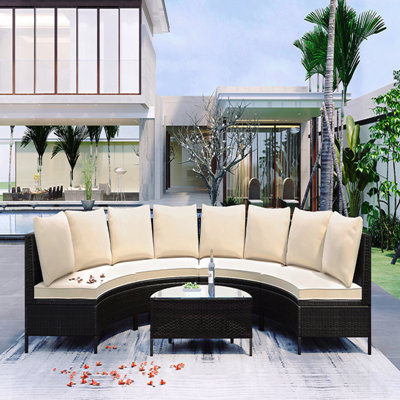 5 Pieces All-Weather Brown Pe Rattan Wicker Sofa Set Outdoor Patio Sectional Furniture Set Half-Moon Sofa Set With Tempered Glass Table, Beige