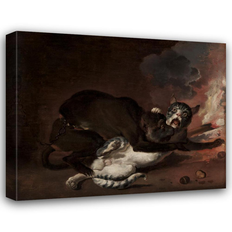 "Le singe et le chat" par Abraham Hondius - Art mural sur toile tendue avec châssis, H 17 po x l 24 po