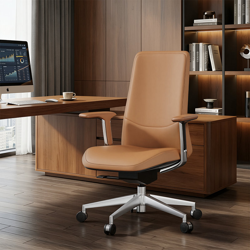 Genuine Leather Executive Office Chair, Mid-Back Ergonomic Swivel Office Chair, High Back Desk Chair with Polished Aluminum Alloy Base, Adjustable Height for Home Office