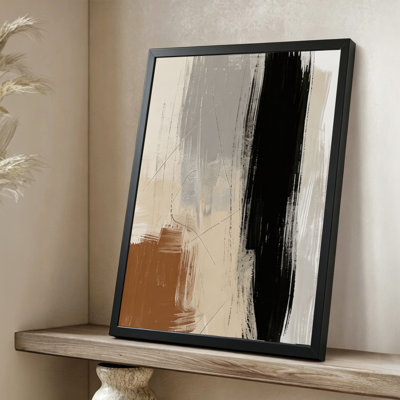 Les coups de pinceau modernes et abstraits se fondent dans des tons terreux, style de peinture expressif. Toile encadrée 24 "x 36" avec cadre en bois noir