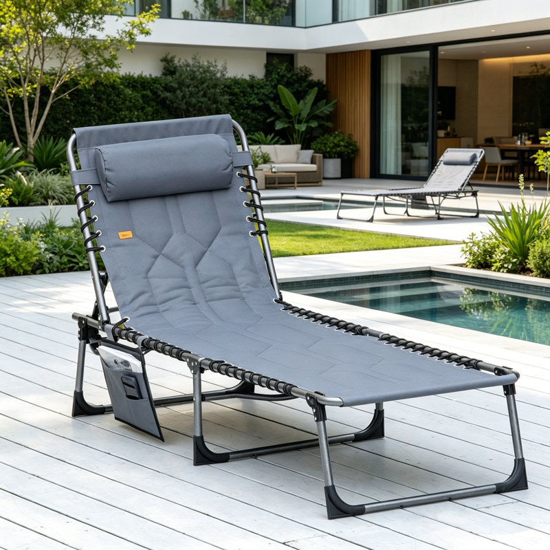 Outsunny Padded Folding Chaise Lounge Chair, Outdoor 6-Level Reclining Camping Tanning Chair With Headrest For Beach, Yard, Patio, Pool, Gray