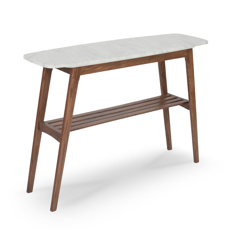 Beppe 43" Rectangular Italian Carrara White Marble Console Table With Walnut Shelf