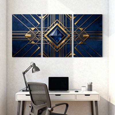 Art déco bleu marine et or, motif géométrique sur toile tendue, reproduction d'art sur toile, ensemble de 3