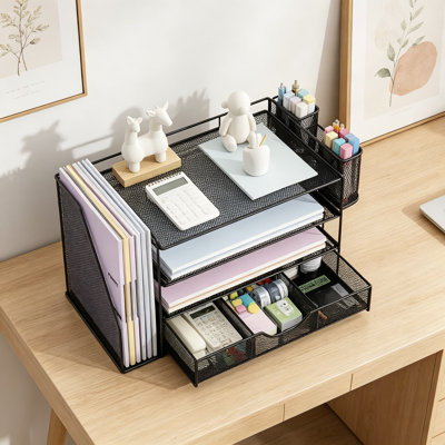 Desk Organizer with File Holder, 4-Tier Workspace Organizer for Office Supplies, Includes Drawer and 2 Pen Holders, Paper Organizer for Desk Accessori