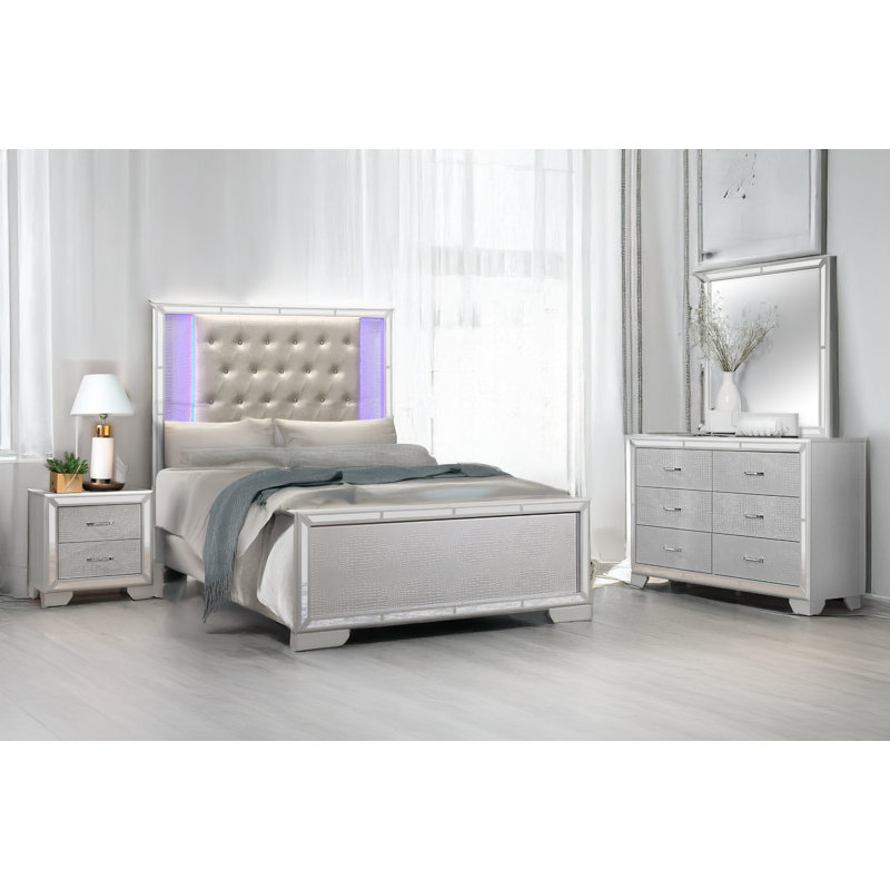 Ensemble de chambre à coucher tapissier à panneau Ariana, Argent, Très grand