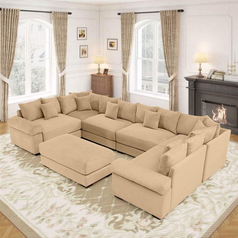 137.7" Corduroy Sectional Corner Sofa 7 Piece Oversized Modular Deep Seat Cloud Couch With Upholstered Movable Ottoman