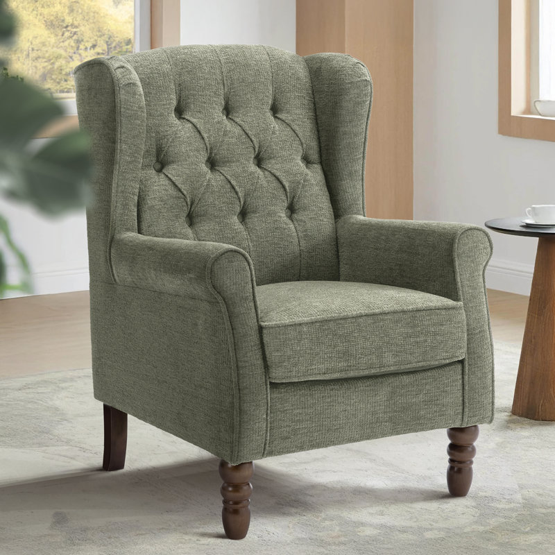 Button-Tufted Small Wingback Accent Chair with Rolled Arm and Thick Padded Cushion, Green Performance Twill