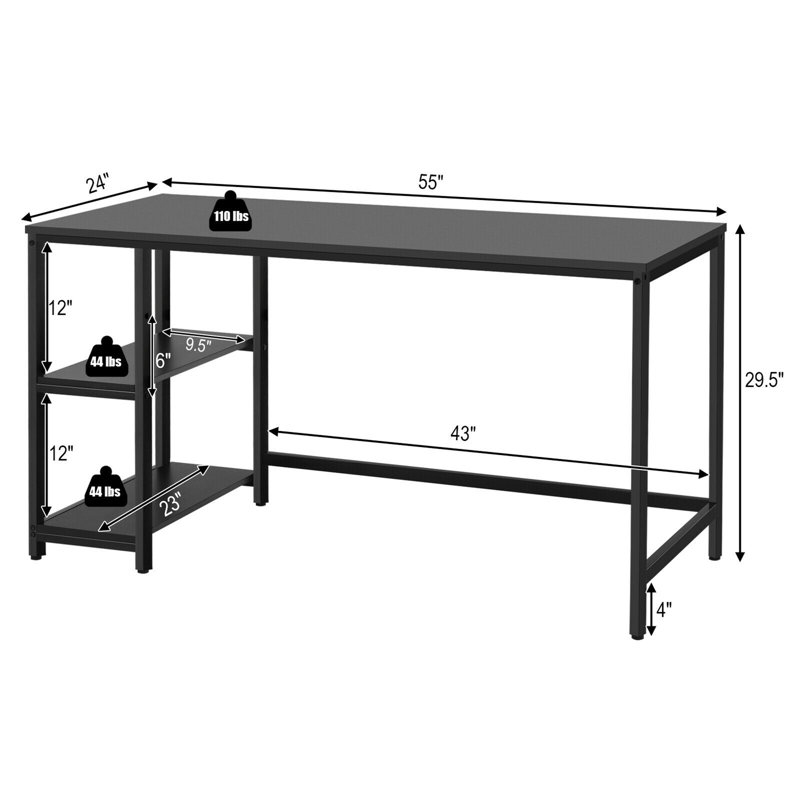Bureau d'ordinateur en bois avec tablette réglable, Noir, H 29,5 po x l 55 po x P 24 po