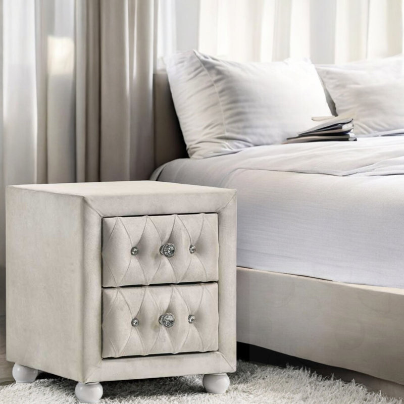 Beige Fabric 2-Drawer Upholstered Nightstand With Diamond Tufting And Crystal Knob Pulls