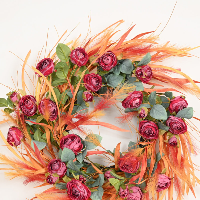24 po Artificiel Boho Pampas Herbe Verdure Feuilles Roses, Orange;Red