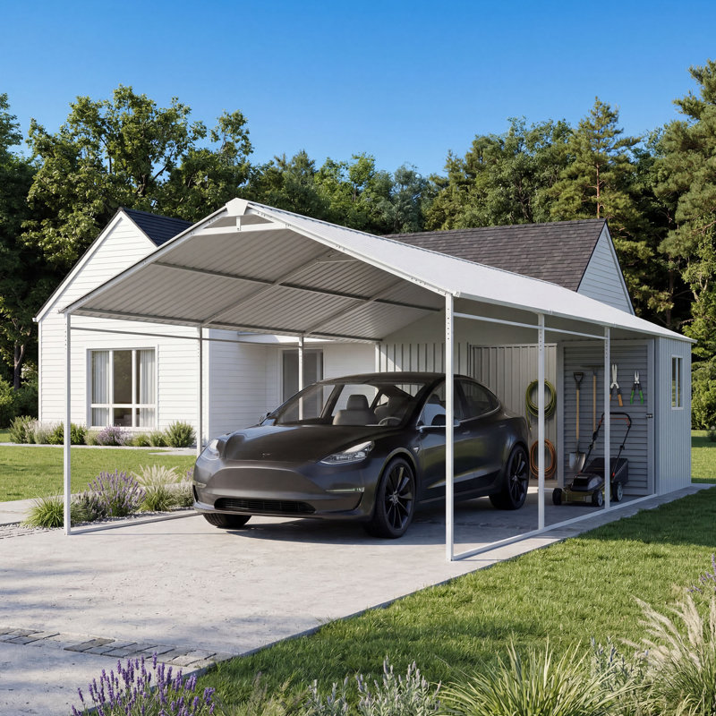 Abri d'auto robuste 12 x 25 pi avec remise, Blanc