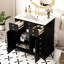 Meuble-lavabo noir de 30,86 po avec cadre en bois massif, lavabo en céramique, 2 tiroirs, portes, rangement spacieux, look rétro, poignées en métal, charnières, glissière lisse, meuble-lavabo facile à assembler de 30 po, noir, extension