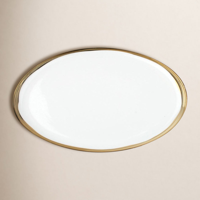 Plateau de service ovale en porcelaine sur toile Canvas Home Dauville, Blanc / Doré