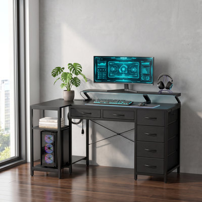 Bureau d'ordinateur en L avec tiroirs et tablette en L avec lumières DEL et prises de courant Bureau d'ordinateur avec support pour écran