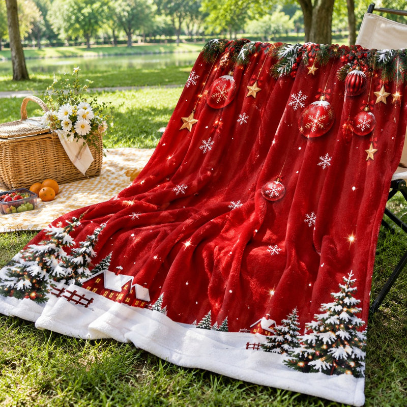 Christmas Red Fleece Throw Blanket, Festive Winter Scene Cozy Lightweight Plush Bed Blanket for Sofa Couch Bedroom Living Room Home Decoration
