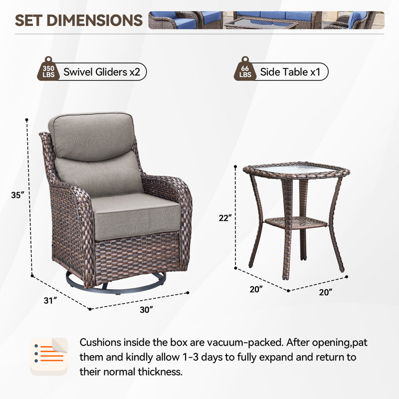Chaise berçante et pivotante avec coussins 3 pièces Wickes, Gris, Brun