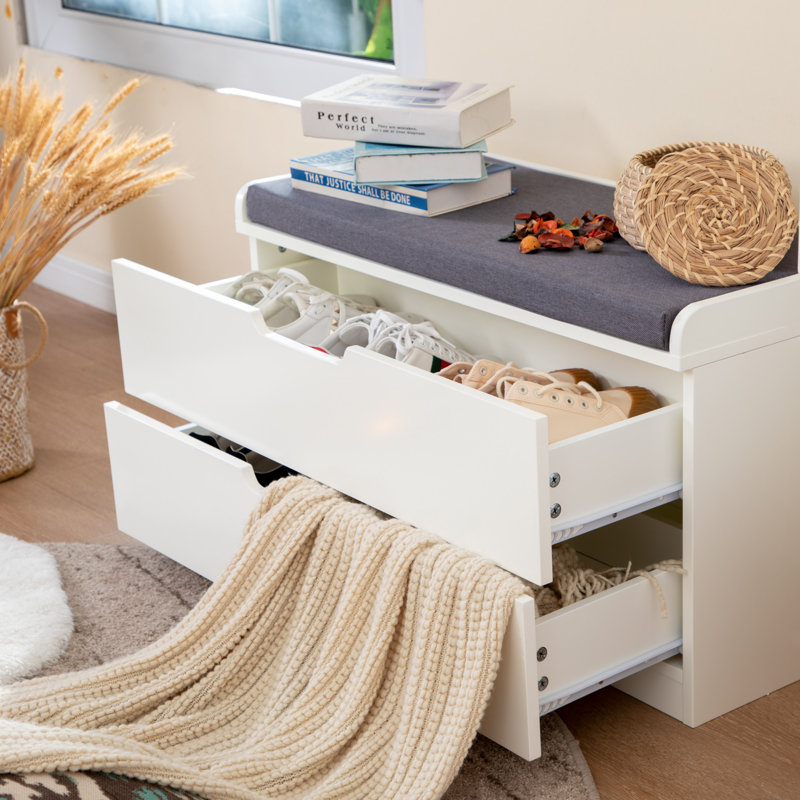 Banc de rangement pour chaussures Banc de rangement blanc avec coussin de siège rembourré gris et organisateur de tiroir à deux couches