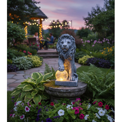 Lion Statue Outdoor Garden Ornament With Led Ball Ligh