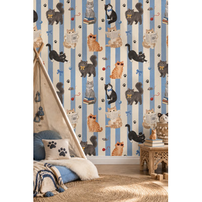 Cats Wallpaper Blue Cream Vertical Stripes