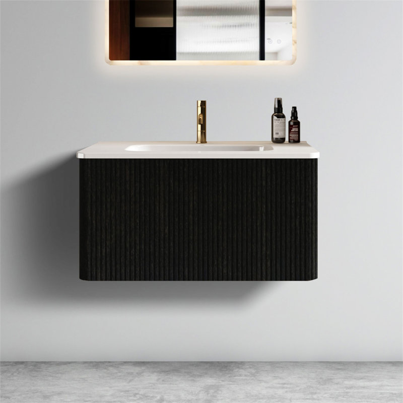 U047-Etna30w-305 Etna 30" Striped Walnut Bathroom Vanity With  Ceramic Sink Ceramic with Drawer,Bathroom Storage Cabinet