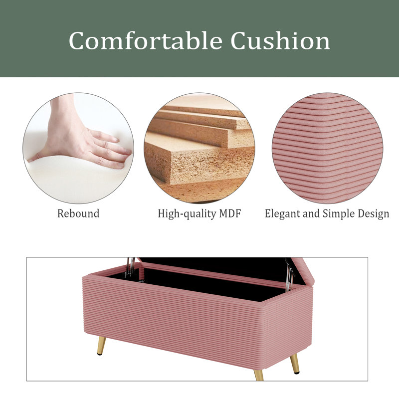 Repose-pieds moderne en velours côtelé avec pieds en métal, banc de rangement pour chambre à coucher et salon, Rose