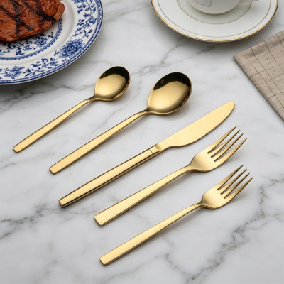 20 Piece Titanium Gold Plated Flatware Set, Stainless Steel Golden Silverware Cutlery Set, Service For 4, Shiny Gold