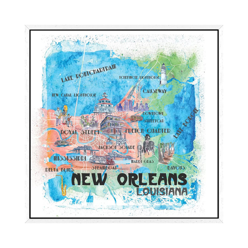 New Orleans Louisiana USA Illustrated Map by Markus & Martina Bleichner - Painting on Canvas, White Floater Framed