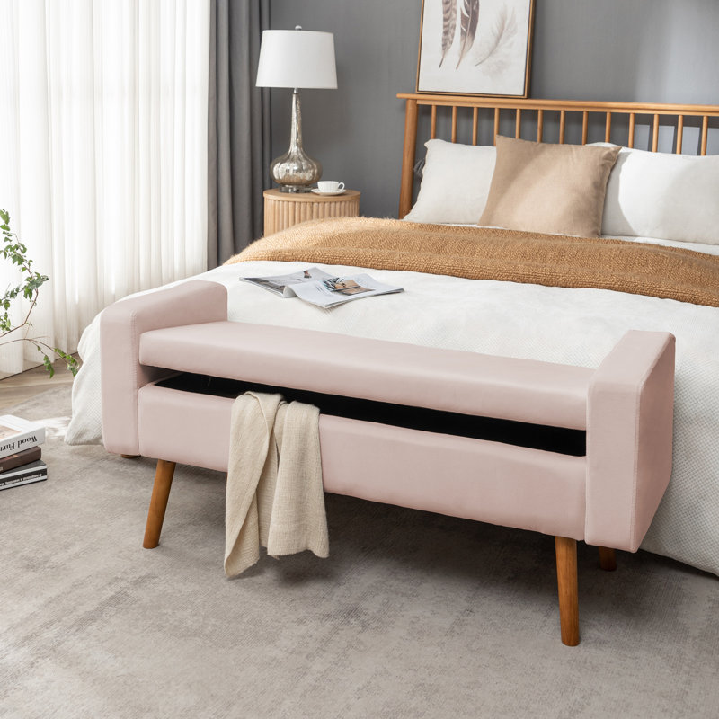 Vendrina Velvet Storage Bench with Rubberwood Legs, Pink