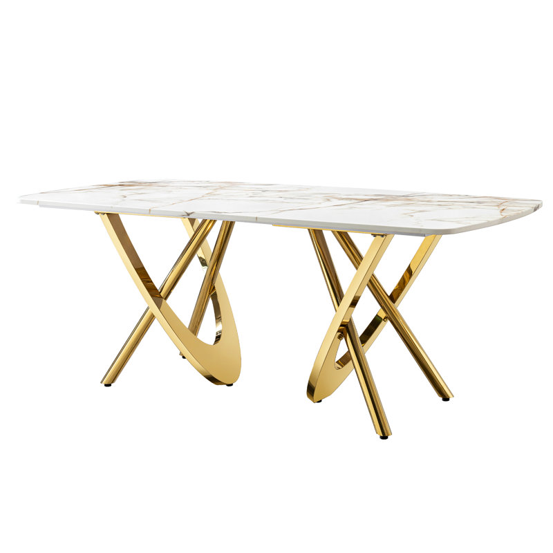 Table de salle à manger rectangulaire avec motif marbré et support en acier inoxydable doré, pouvant accueillir de 6 à 8 personnes