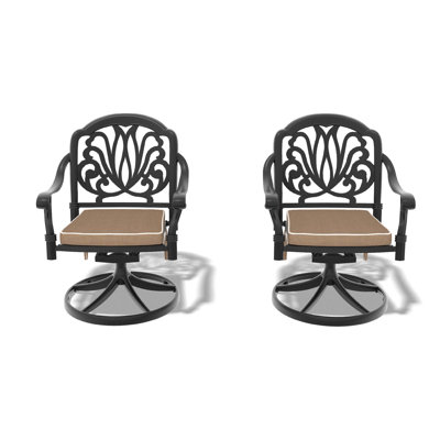 Cast Aluminum Patio Swivel Chair 2PCS With Black Frame And Brown Cushions