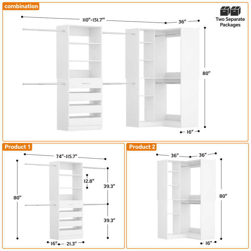110-151.7Inches Closet System With 6 Rods And 4 Drawers, White