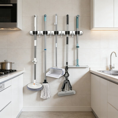 Heavy Duty Wall Mount Broom And Mop Holder With 5 Racks And 4 Hooks, Stainless Steel Tool Organizer For Garage, Laundry Room, Kitchen, And Garden